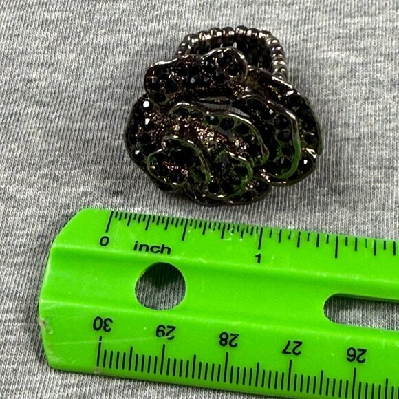Adjustable Black Rhinestone Rose Flower Ring With Stretch Band Size 9 Women - Picture 12 of 16